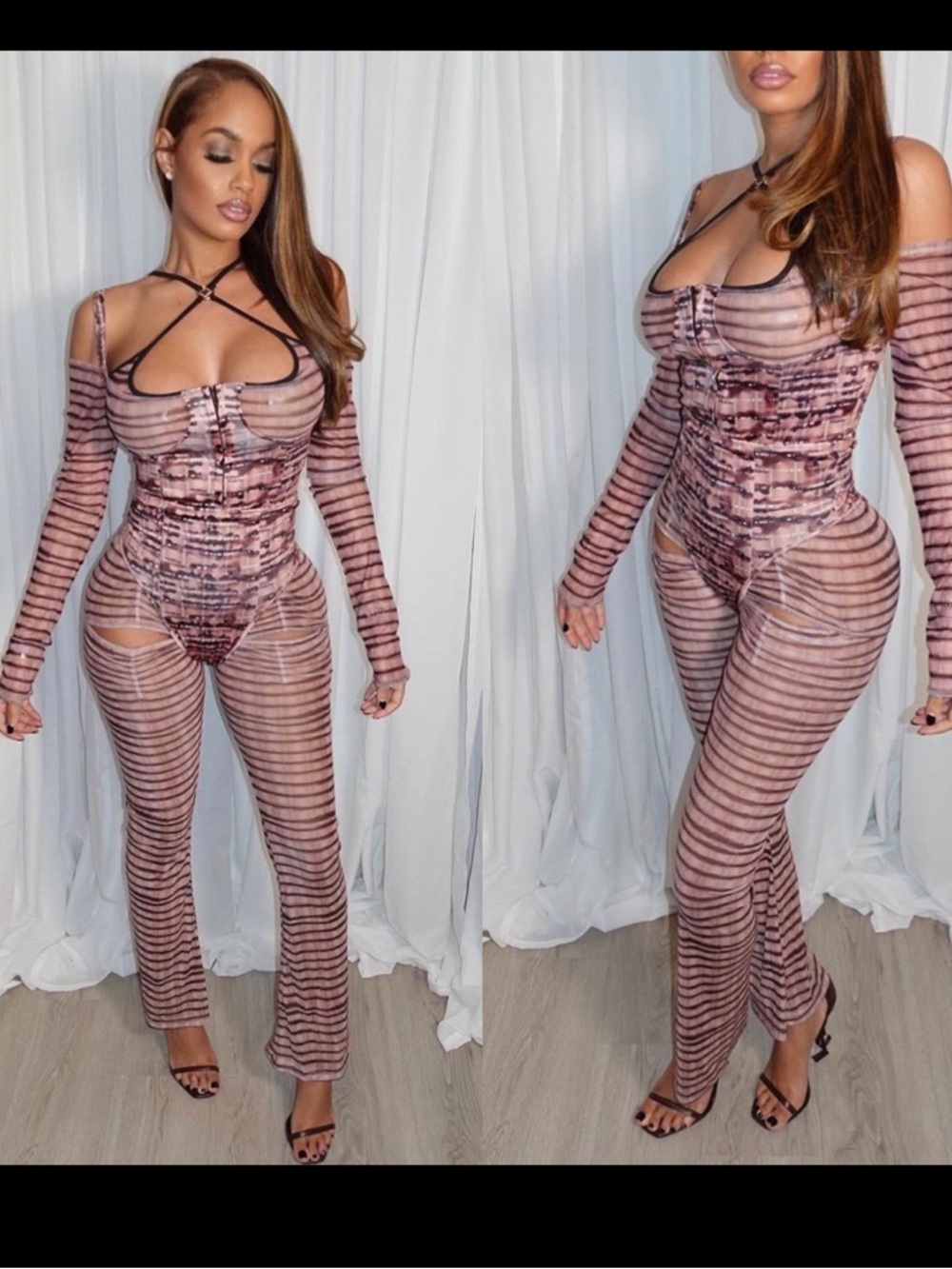Sheer Striped Two-Piece Set in Mauve Pink